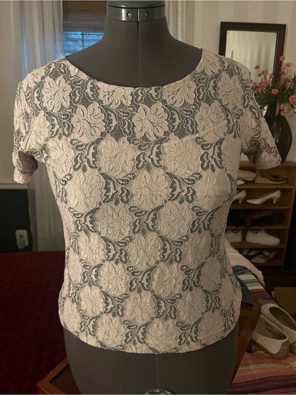 Women's Lined Lace Top in Blue Gray and Cream